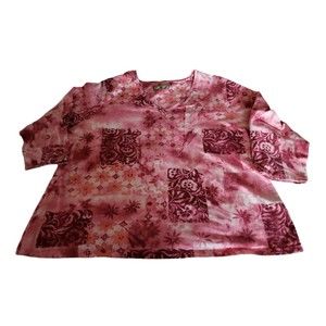 Carribean Joe Size XL Womens Pink Floral Cotton 3/4 Sleeves V-Neck Let's Go